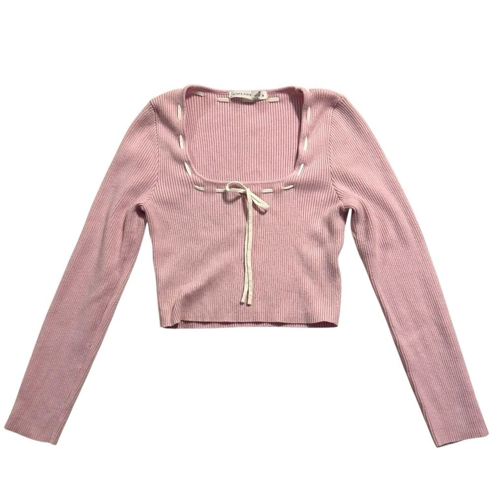 Altard State Cropped Top Coquette Pink Size M Long Sleeve Round Neck Ribbon Girl
